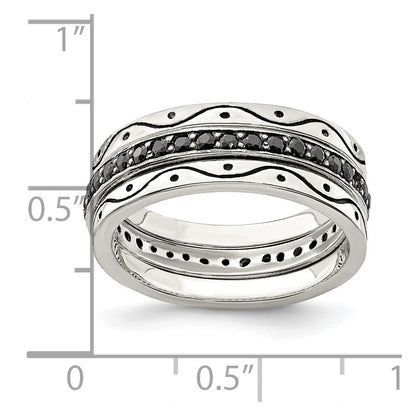 Sterlingsilber Drei Stück Set Antikisiert & Schwarz Zirkonia Bands