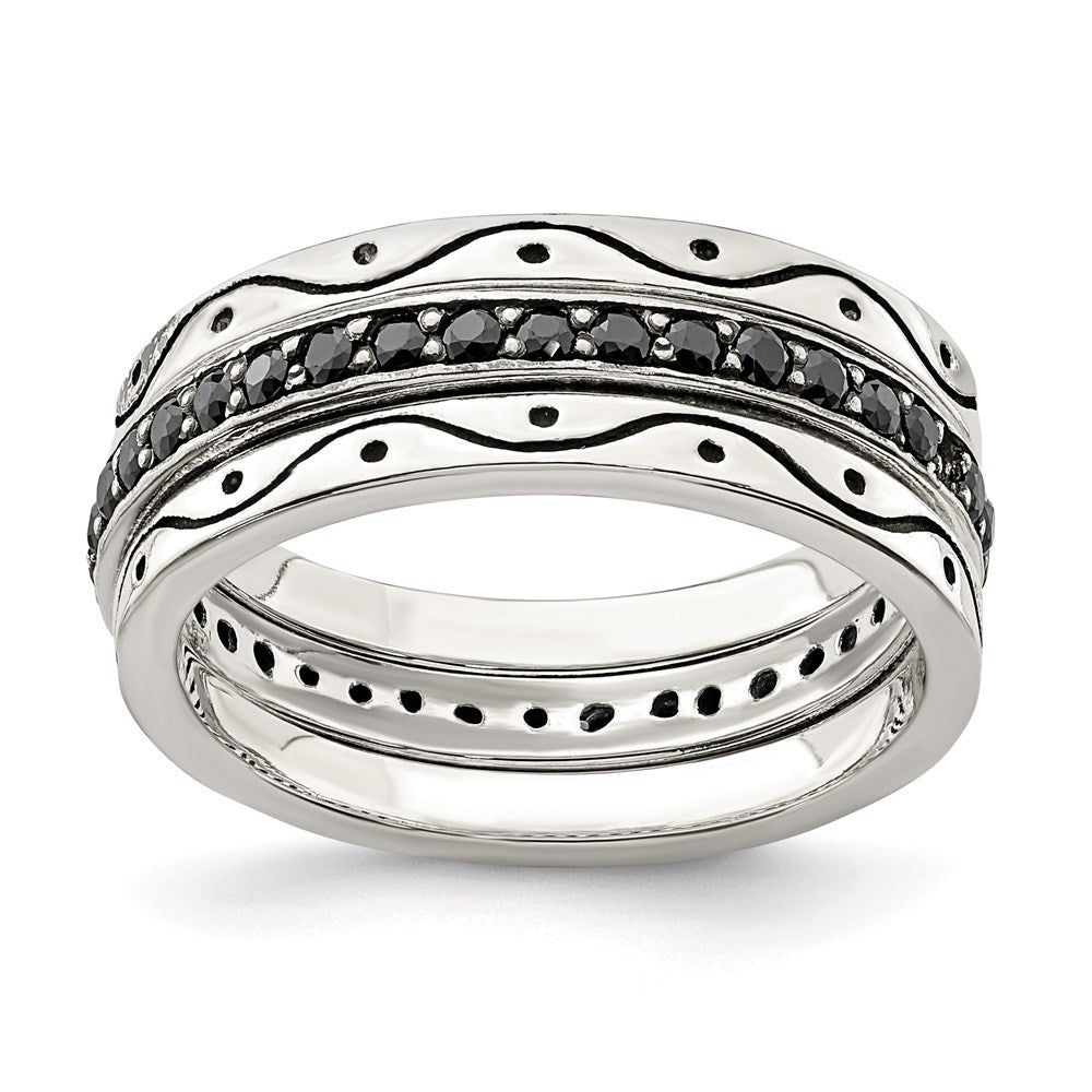 Sterlingsilber Drei Stück Set Antikisiert & Schwarz Zirkonia Bands