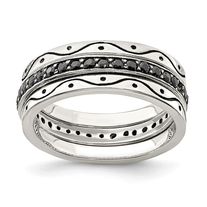 Sterlingsilber Drei Stück Set Antikisiert & Schwarz Zirkonia Bands