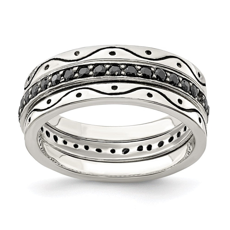 Sterlingsilber Drei Stück Set Antikisiert & Schwarz Zirkonia Bands