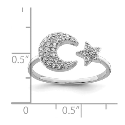 Sterlingsilber Rhodiniert Zirkonia Stern & Mond Ring