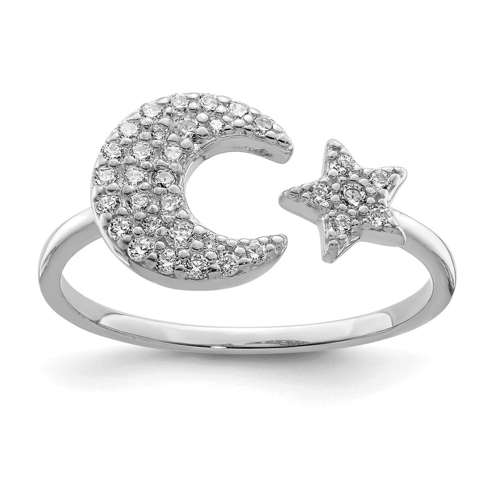 Sterlingsilber Rhodiniert Zirkonia Stern & Mond Ring