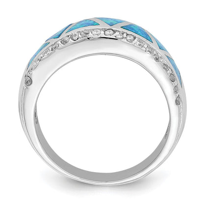 Sterlingsilber Rhodiniert Dreieck Im Labor Erzeugt Blau Opal & Zirkonia Ring