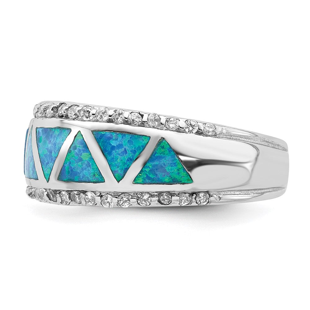 Sterlingsilber Rhodiniert Dreieck Im Labor Erzeugt Blau Opal & Zirkonia Ring