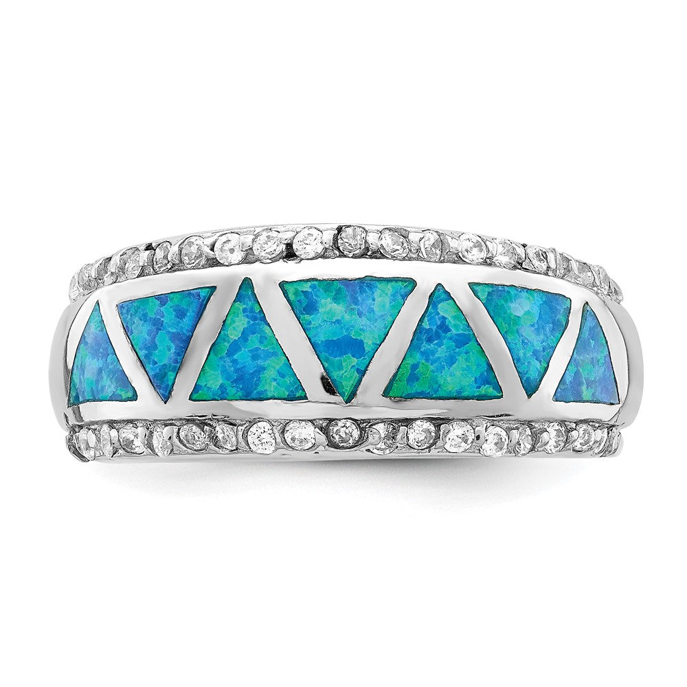 Sterlingsilber Rhodiniert Dreieck Im Labor Erzeugt Blau Opal & Zirkonia Ring