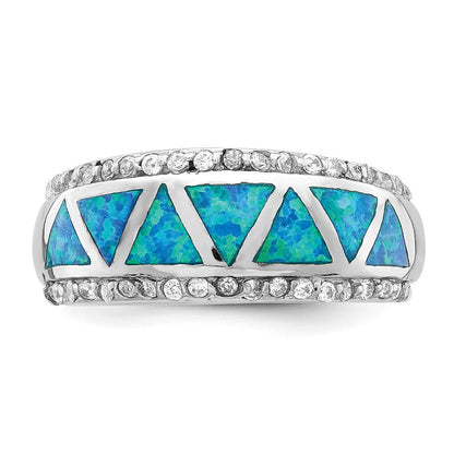 Sterlingsilber Rhodiniert Dreieck Im Labor Erzeugt Blau Opal & Zirkonia Ring