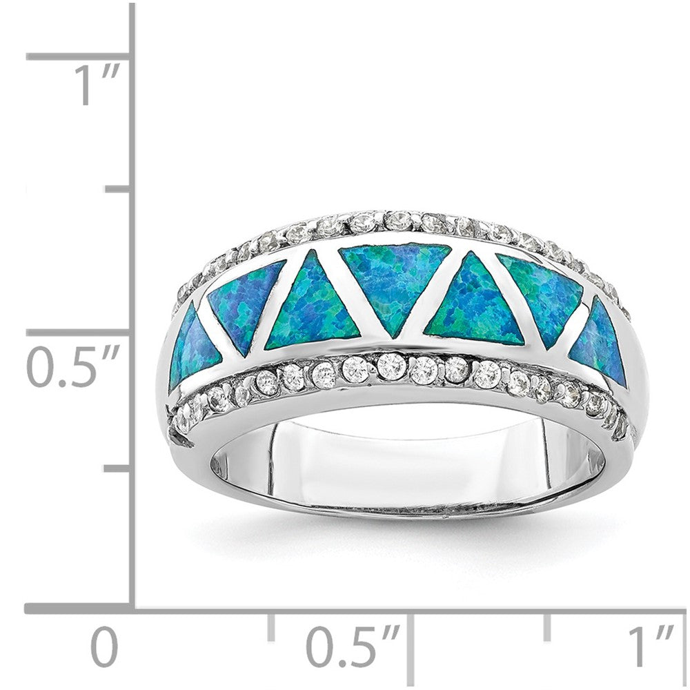 Sterlingsilber Rhodiniert Dreieck Im Labor Erzeugt Blau Opal & Zirkonia Ring