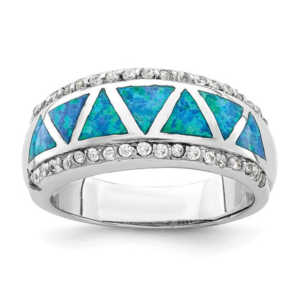 Sterlingsilber Rhodiniert Dreieck Im Labor Erzeugt Blau Opal & Zirkonia Ring