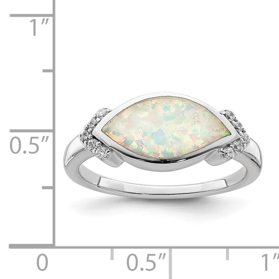 Sterlingsilber Rhodiniert Marquise Im Labor Erzeugt Opal & Zirkonia Ring