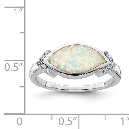 Sterlingsilber Rhodiniert Marquise Im Labor Erzeugt Opal & Zirkonia Ring