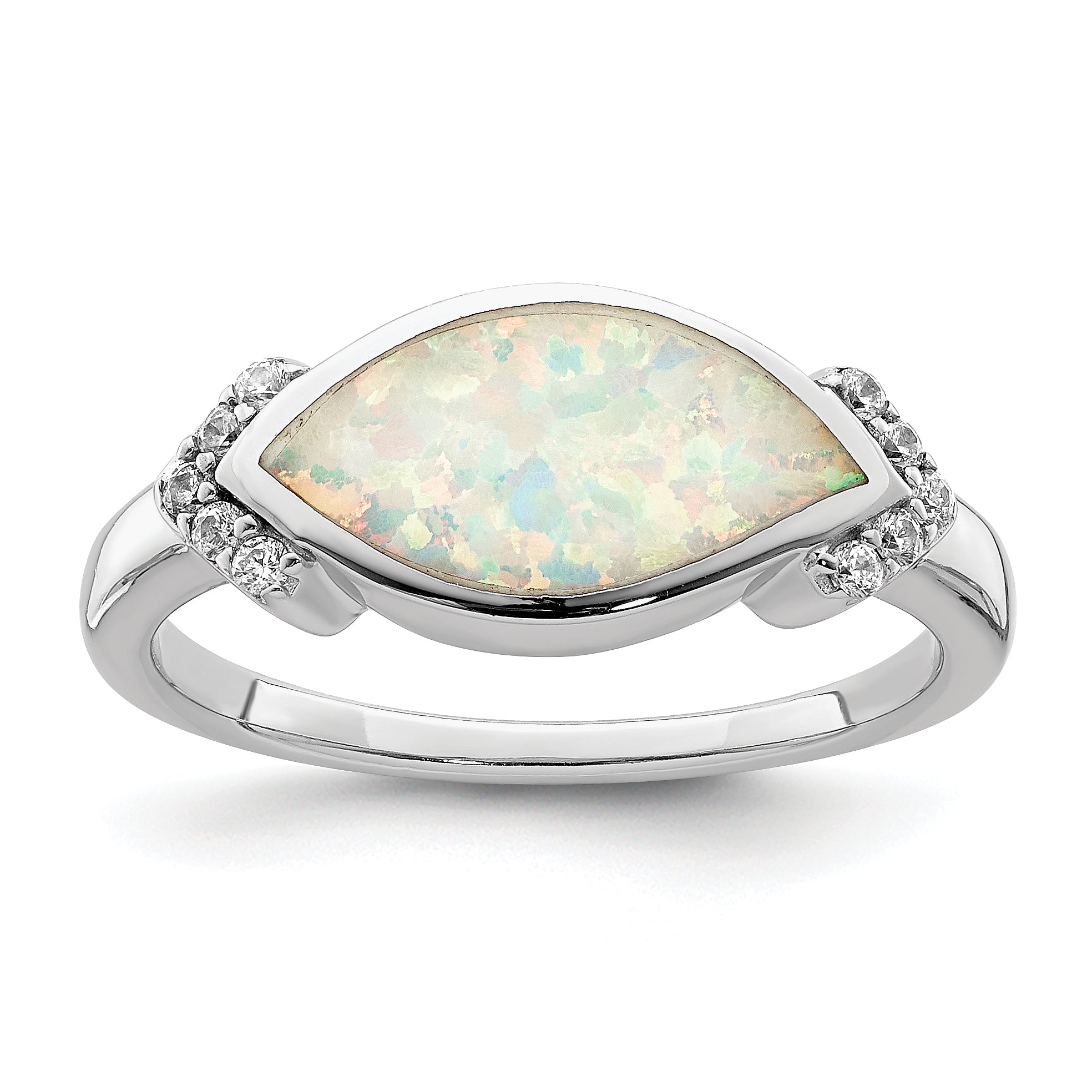 Sterlingsilber Rhodiniert Marquise Im Labor Erzeugt Opal & Zirkonia Ring