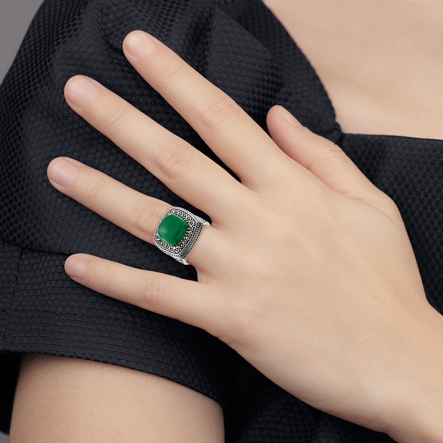 14K/silver Bicolor Sterlingsilber 14K Grün Onyx Ring