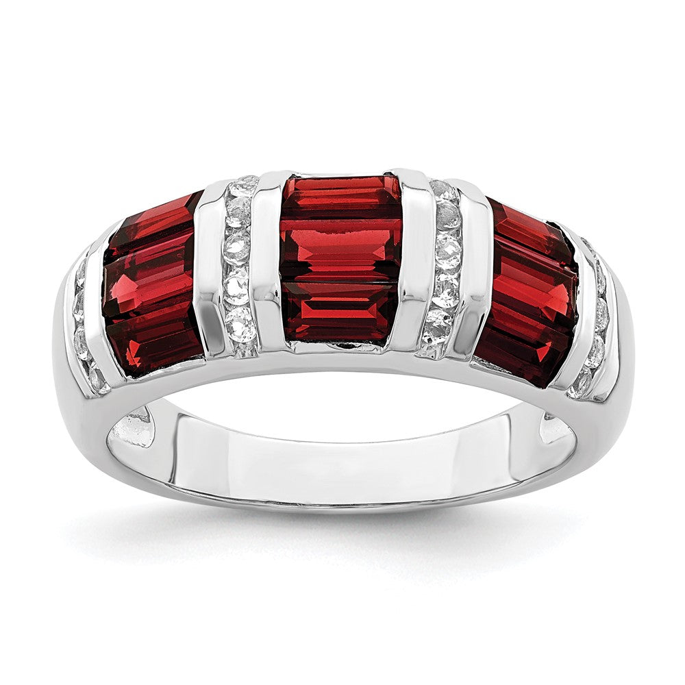Sterlingsilber Rhodiniert Baguette Granat & Weiß Topas Ring (size 6 Nur)