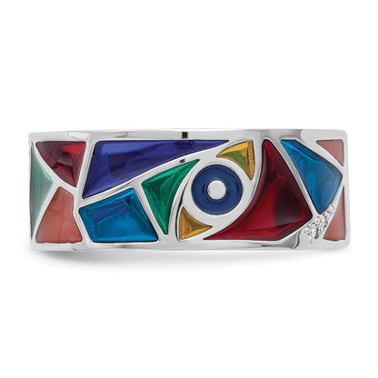 Sterlingsilber Rhodiniert Abstract Mehrfarbig Emaille & Zirkonia Manschette Ring