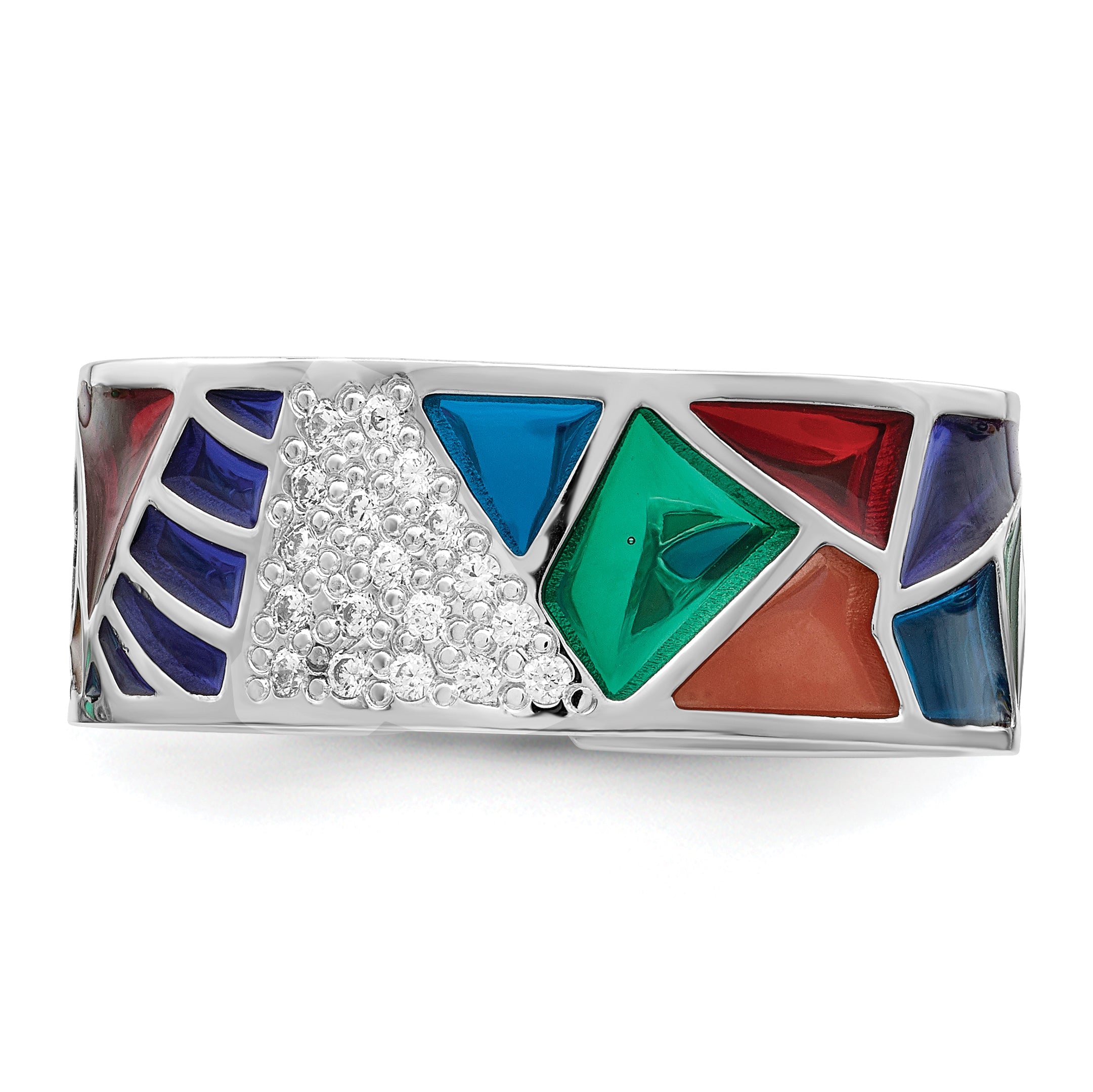 Sterlingsilber Rhodiniert Abstract Mehrfarbig Emaille & Zirkonia Manschette Ring