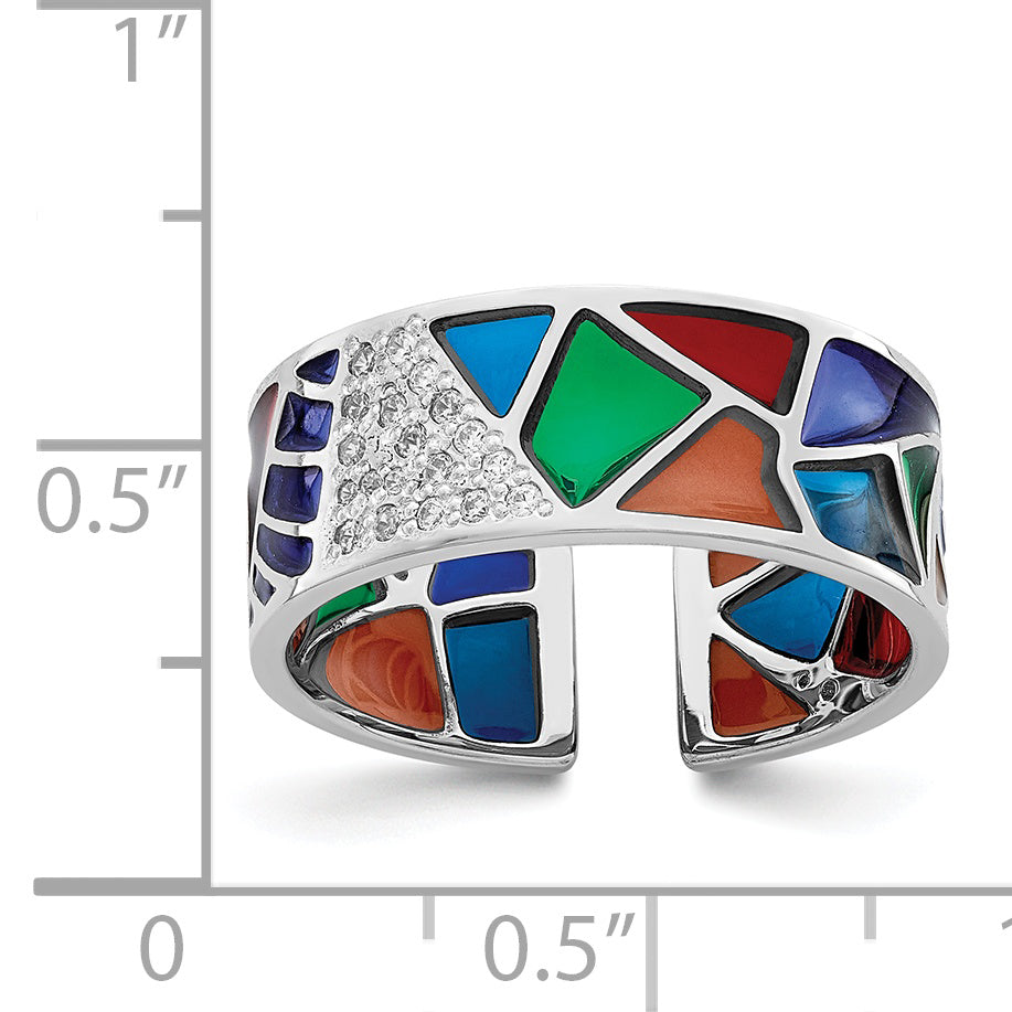 Sterlingsilber Rhodiniert Abstract Mehrfarbig Emaille & Zirkonia Manschette Ring