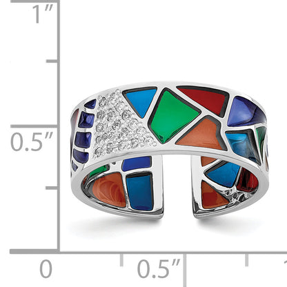 Sterlingsilber Rhodiniert Abstract Mehrfarbig Emaille & Zirkonia Manschette Ring