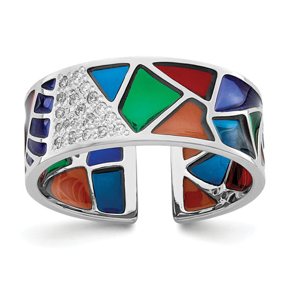 Sterlingsilber Rhodiniert Abstract Mehrfarbig Emaille & Zirkonia Manschette Ring