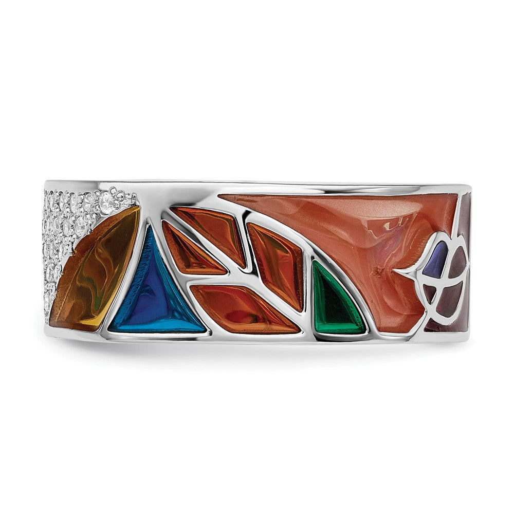 Sterlingsilber Rhodiniert Abstract Mehrfarbig Emaille & Zirkonia Manschette Ring