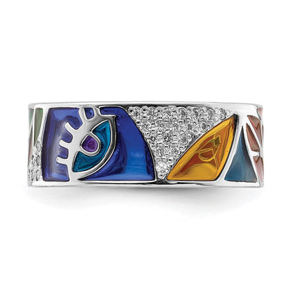 Sterlingsilber Rhodiniert Abstract Mehrfarbig Emaille & Zirkonia Manschette Ring