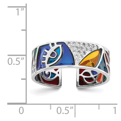 Sterlingsilber Rhodiniert Abstract Mehrfarbig Emaille & Zirkonia Manschette Ring