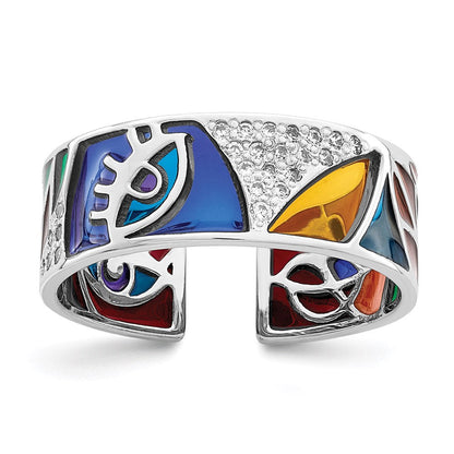 Sterlingsilber Rhodiniert Abstract Mehrfarbig Emaille & Zirkonia Manschette Ring