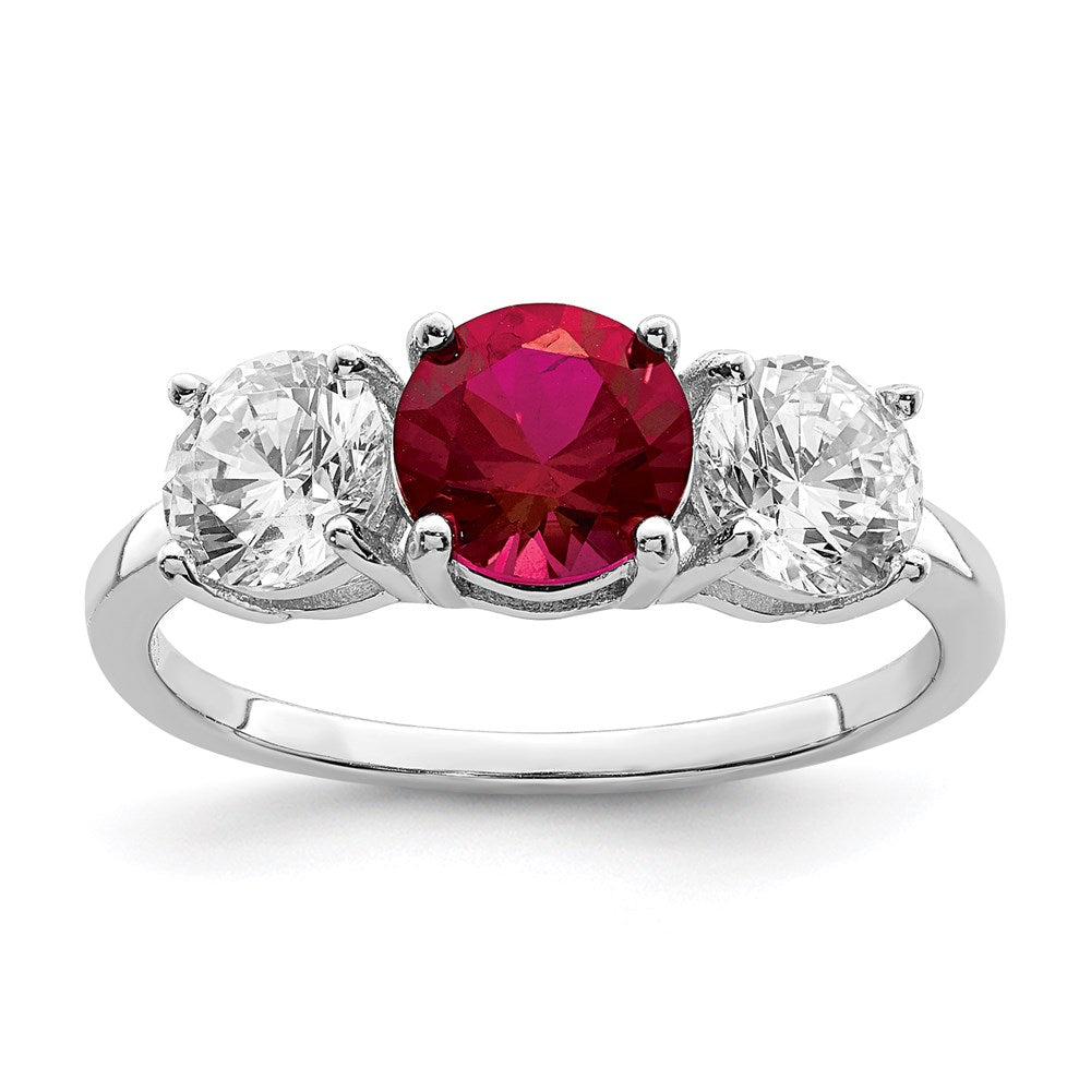 Sterlingsilber Rhodiniert Erzeugt Corundum & Zirkonia 3 Stein Ring