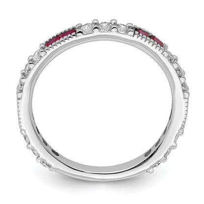 Sterlingsilber Rhodiniert Erzeugt Rubin und Rund Zirkonia Ring