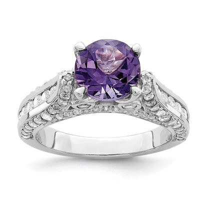 Sterlingsilber Rhodiniert 8mm Amethyst & Weiß Topas Ring