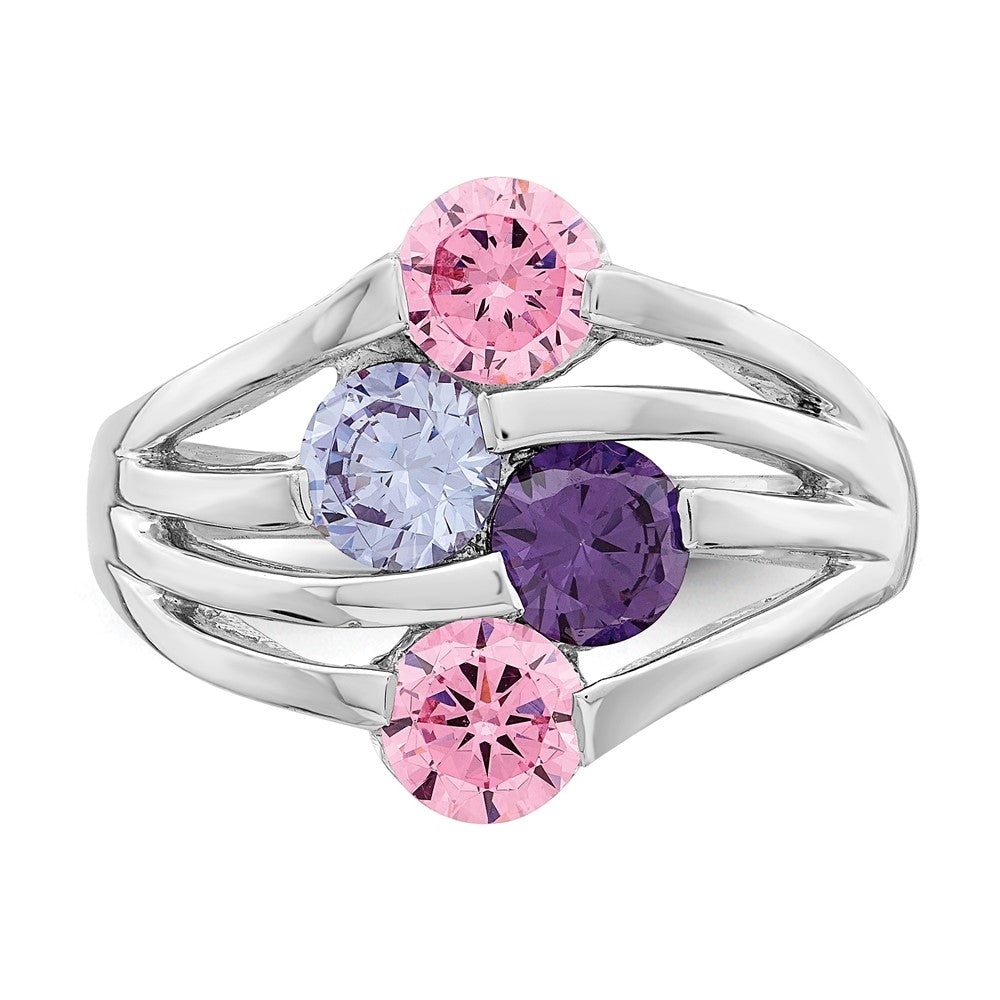 Sterlingsilber Rhodiniert Rosa & Lila Zirkonia 4 Stab Ring