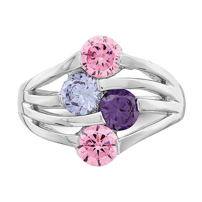 Sterlingsilber Rhodiniert Rosa & Lila Zirkonia 4 Stab Ring