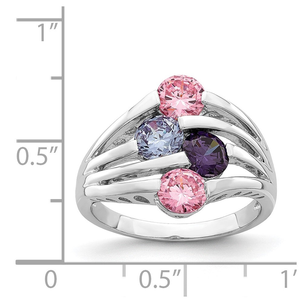 Sterlingsilber Rhodiniert Rosa & Lila Zirkonia 4 Stab Ring