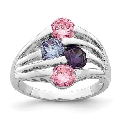 Sterlingsilber Rhodiniert Rosa & Lila Zirkonia 4 Stab Ring