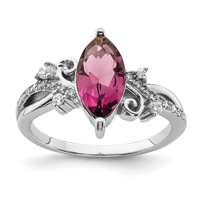 Sterlingsilber Rhodiniert Rot Glas Marquise Stein & Zirkonia Ring