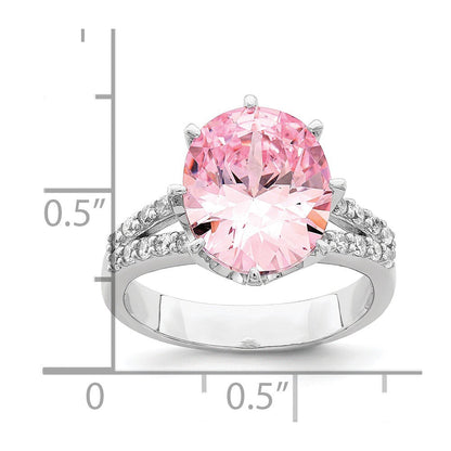Sterlingsilber Rhodiniert 12x10 Oval Rosa & Weiß Zirkonia Ring (size 8 Nur)