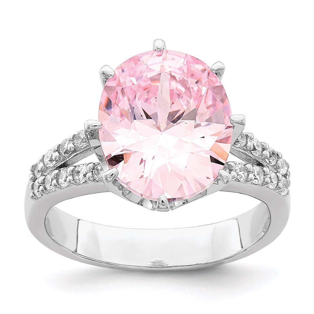 Sterlingsilber Rhodiniert 12x10 Oval Rosa & Weiß Zirkonia Ring (size 8 Nur)