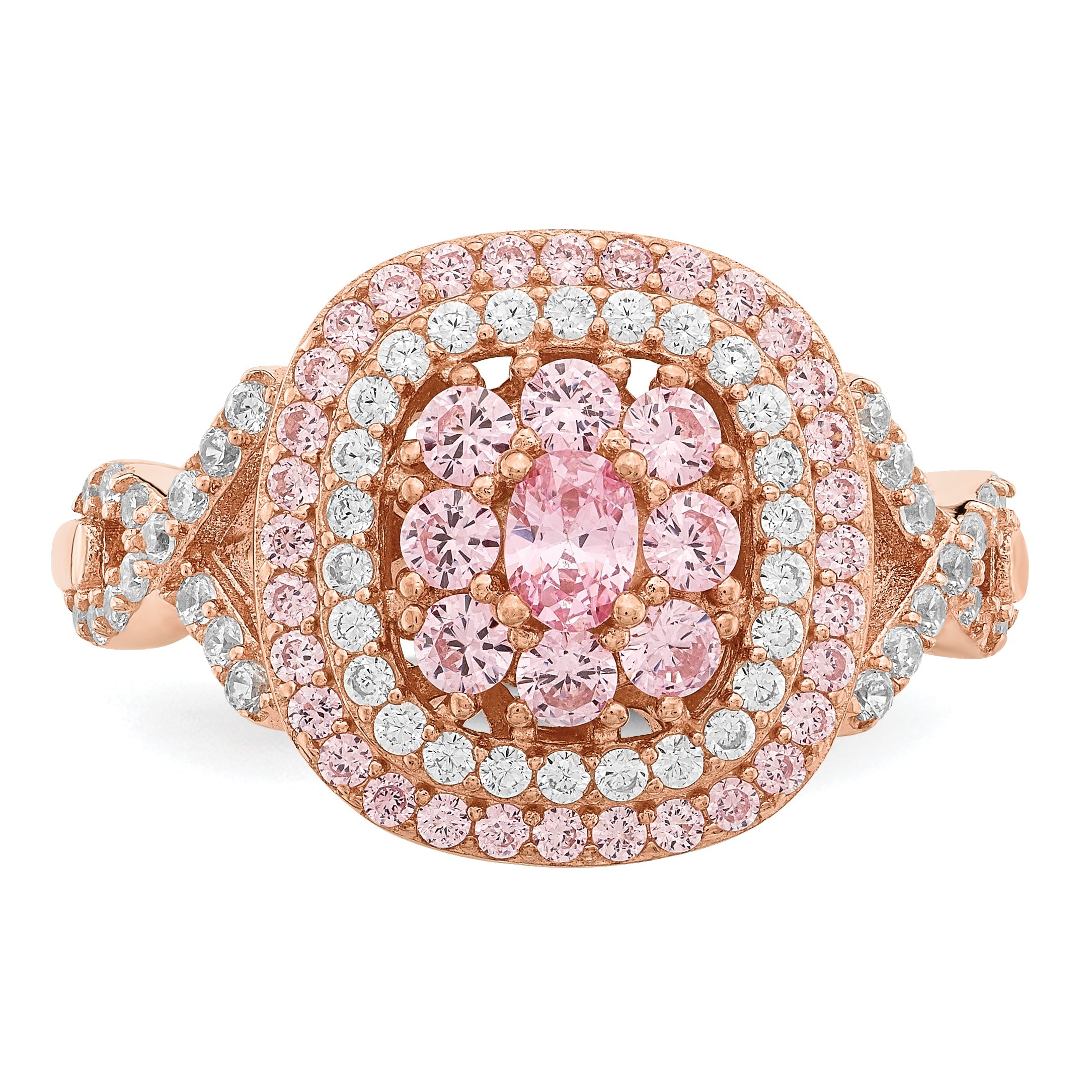 Roségoldbeschichtet Sterlingsilber Rosa und Weiß Zirkonia Kissen Ring
