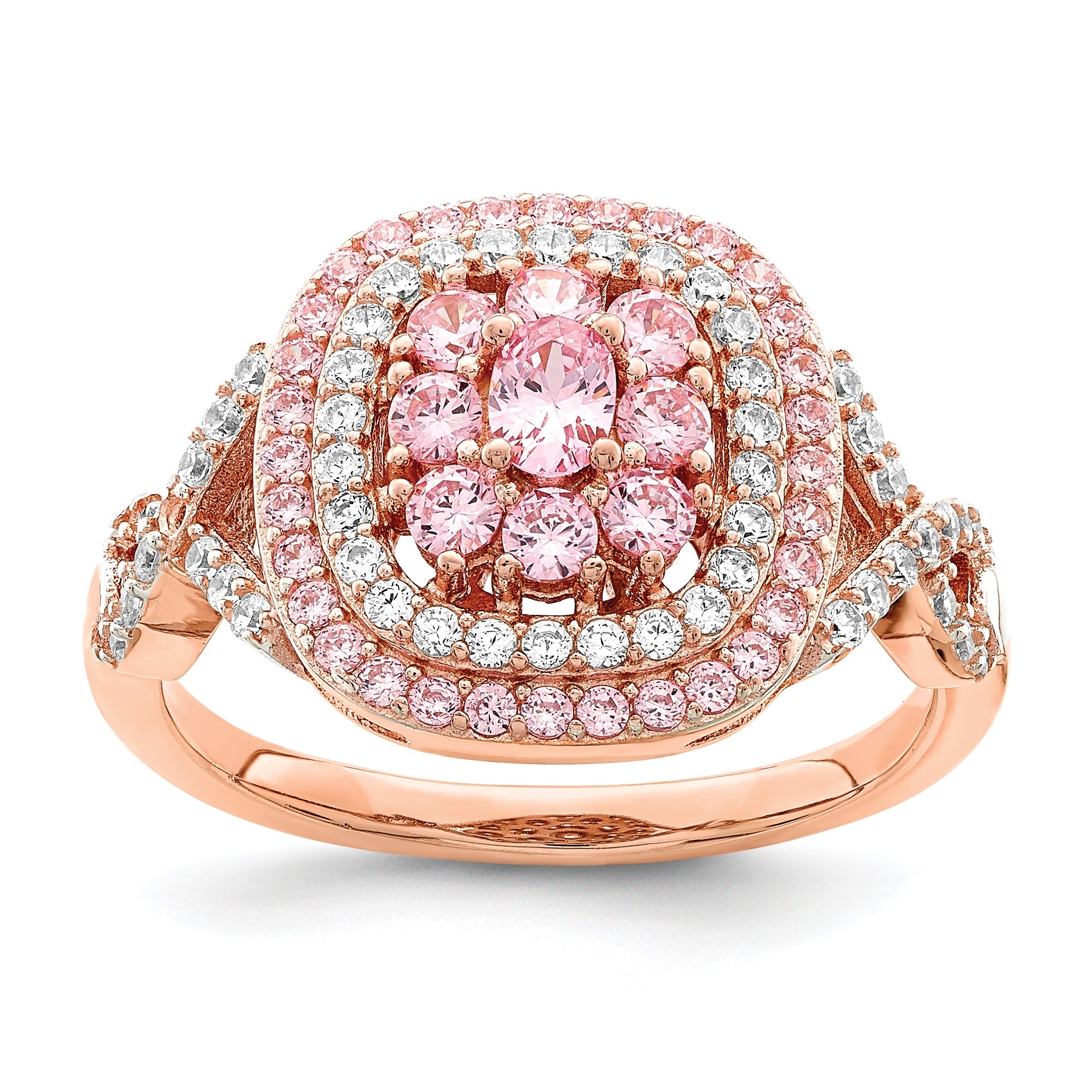 Roségoldbeschichtet Sterlingsilber Rosa und Weiß Zirkonia Kissen Ring