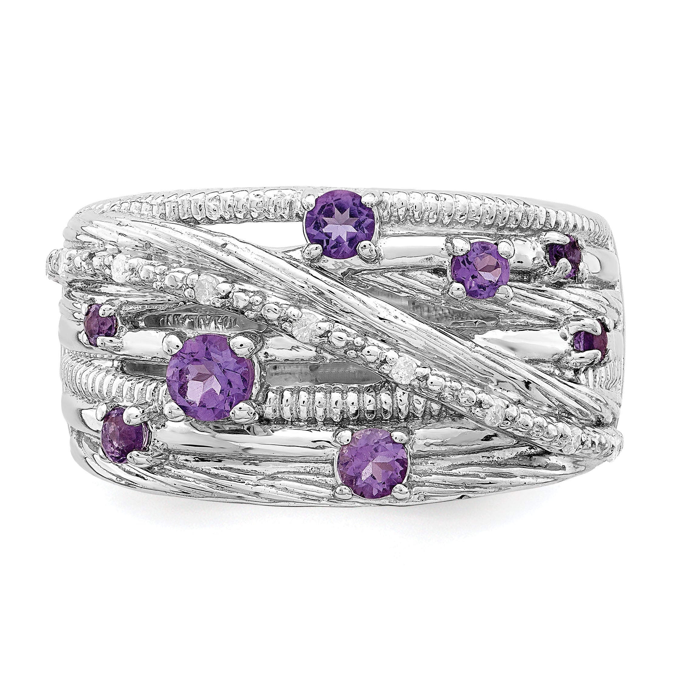 Sterlingsilber Rhodiniert Poliert Amethyst und Diamant Ring