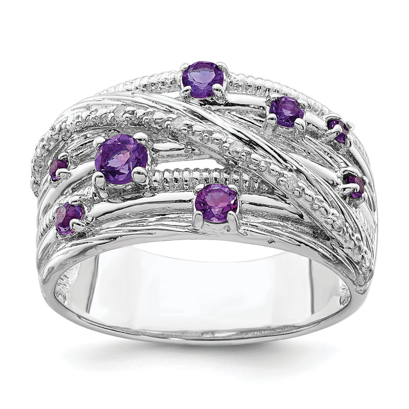 Sterlingsilber Rhodiniert Poliert Amethyst und Diamant Ring