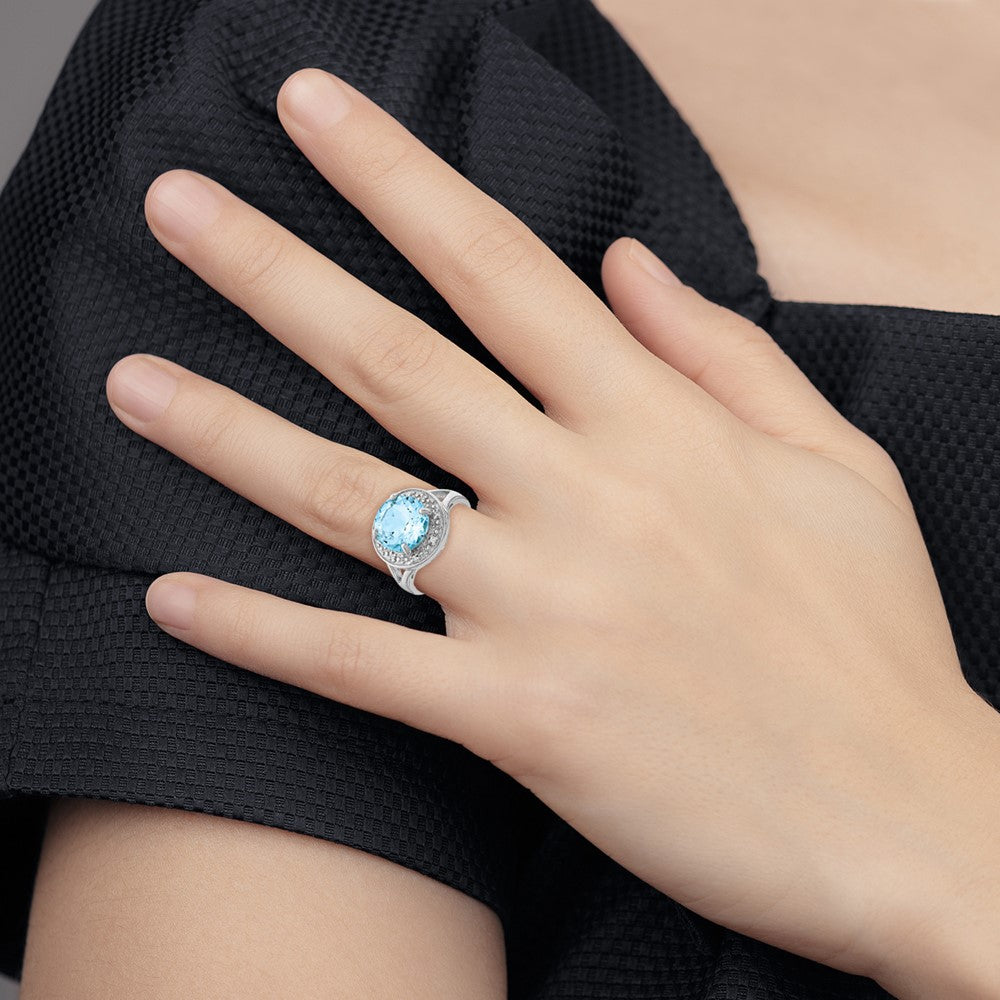Sterlingsilber Rhodiniert 10mm Rund Blautopas & Zirkonia Ring