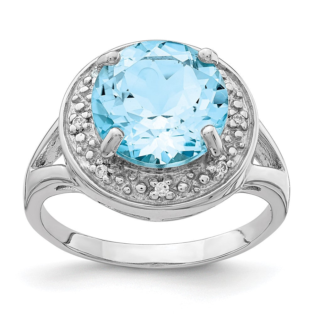 Sterlingsilber Rhodiniert 10mm Rund Blautopas & Zirkonia Ring