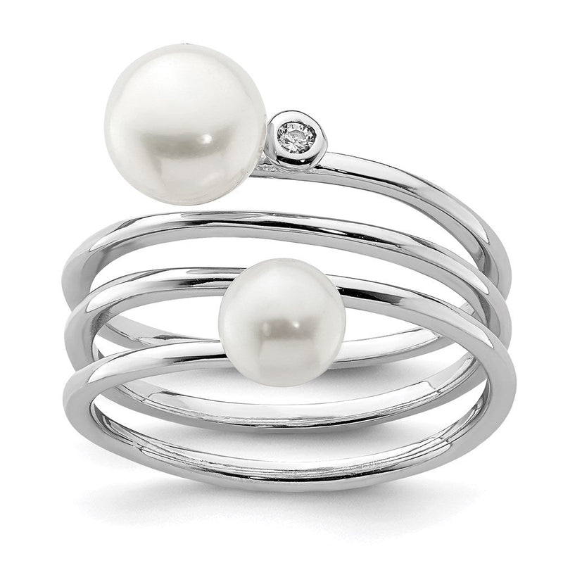 Sterlingsilber Rhodiniert 5 7mm Weiß Knopf Süßwasser Zuchtperle und Zirkonia Verstellbar Ring