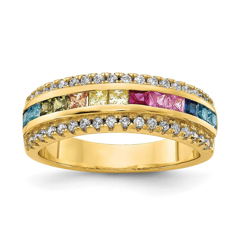 Sterlingsilber Prizma Goldfarben 14K Glanz Beschichtet Kanalfassung Set Bunt und Weiß Zirkonia Ring