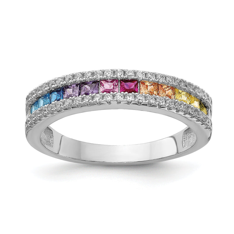 Sterlingsilber Prizma Rhodiniert Princess Weiß und Bunt Kanalfassung Set Zirkonia Ring