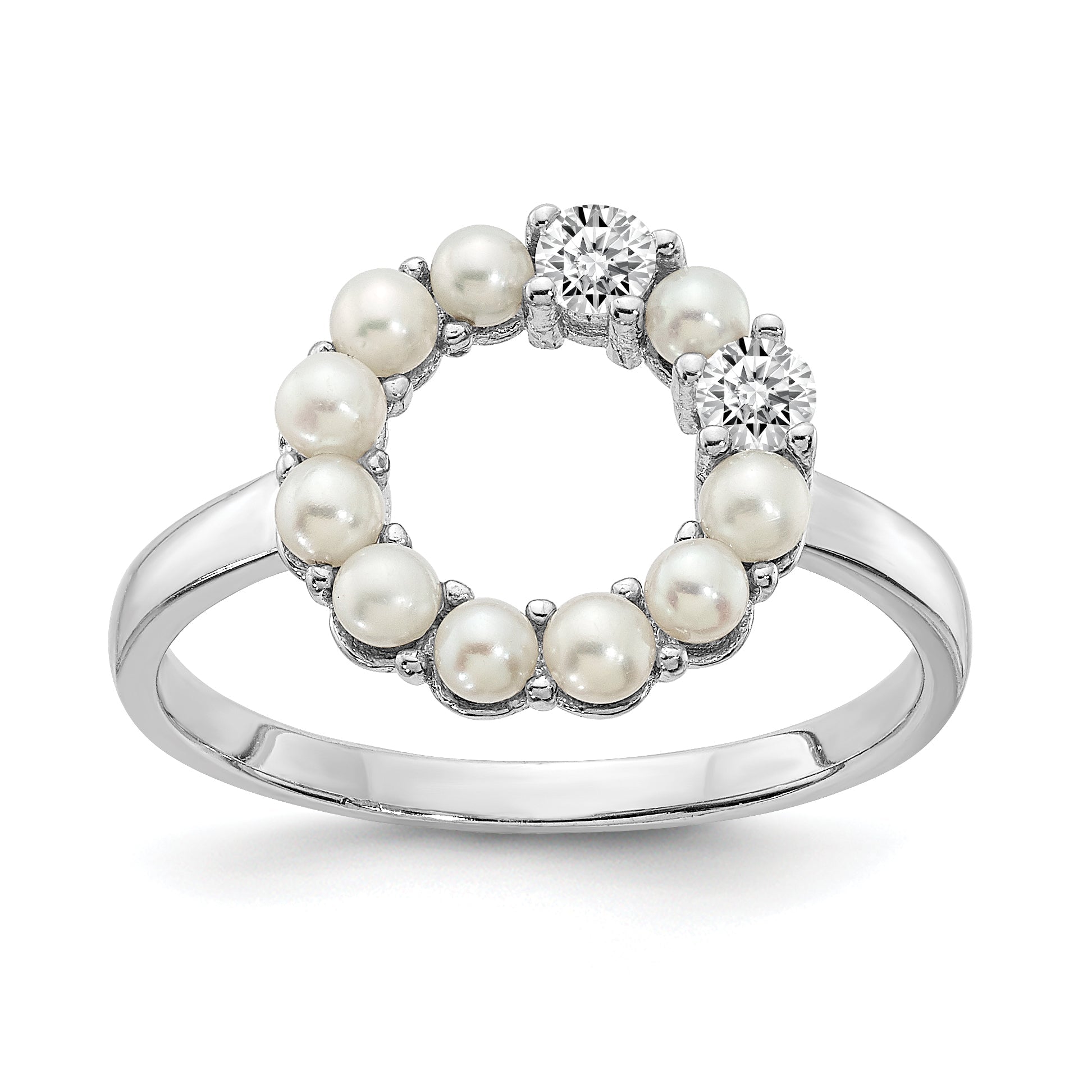 Sterlingsilber Rhodiniert 2 2.5mm Knopf Fwc Perle Zirkonia Ring