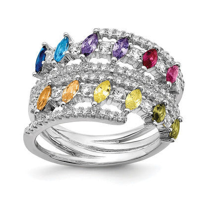 Sterlingsilber Prizma Rhodiniert Weiß und Bunt Doppelt Reihe Marquise Zirkonia Ring