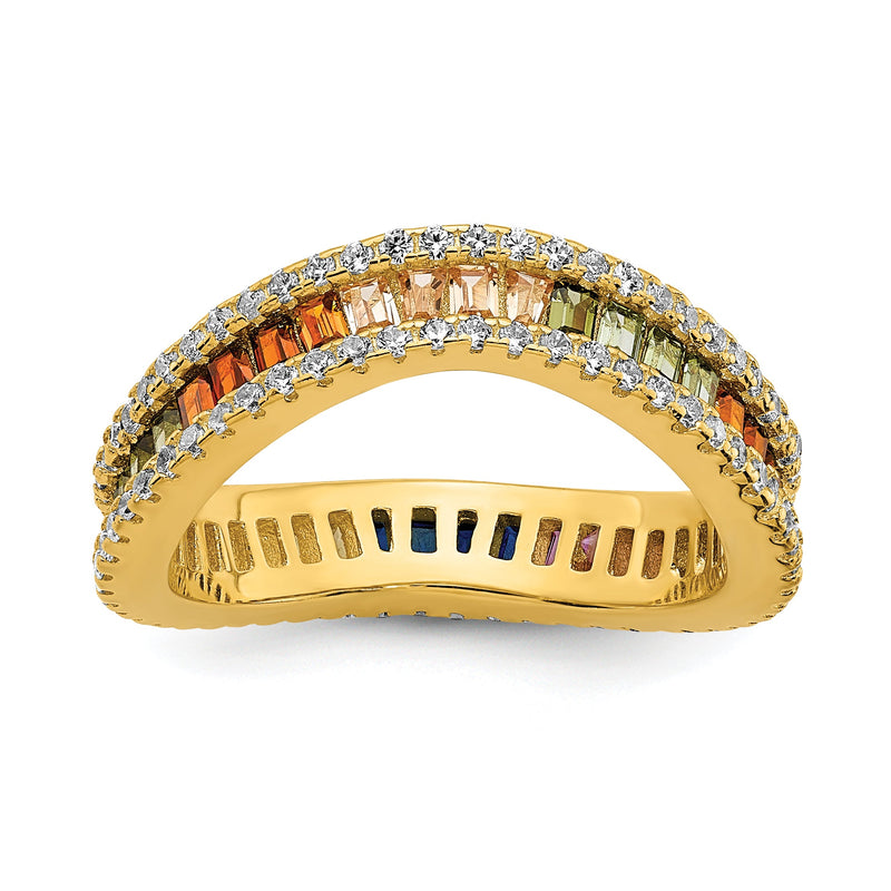 Sterlingsilber Prizma Goldfarben 14K Glanz Beschichtet Weiß und Bunt Kanalfassung Set Zirkonia Ring