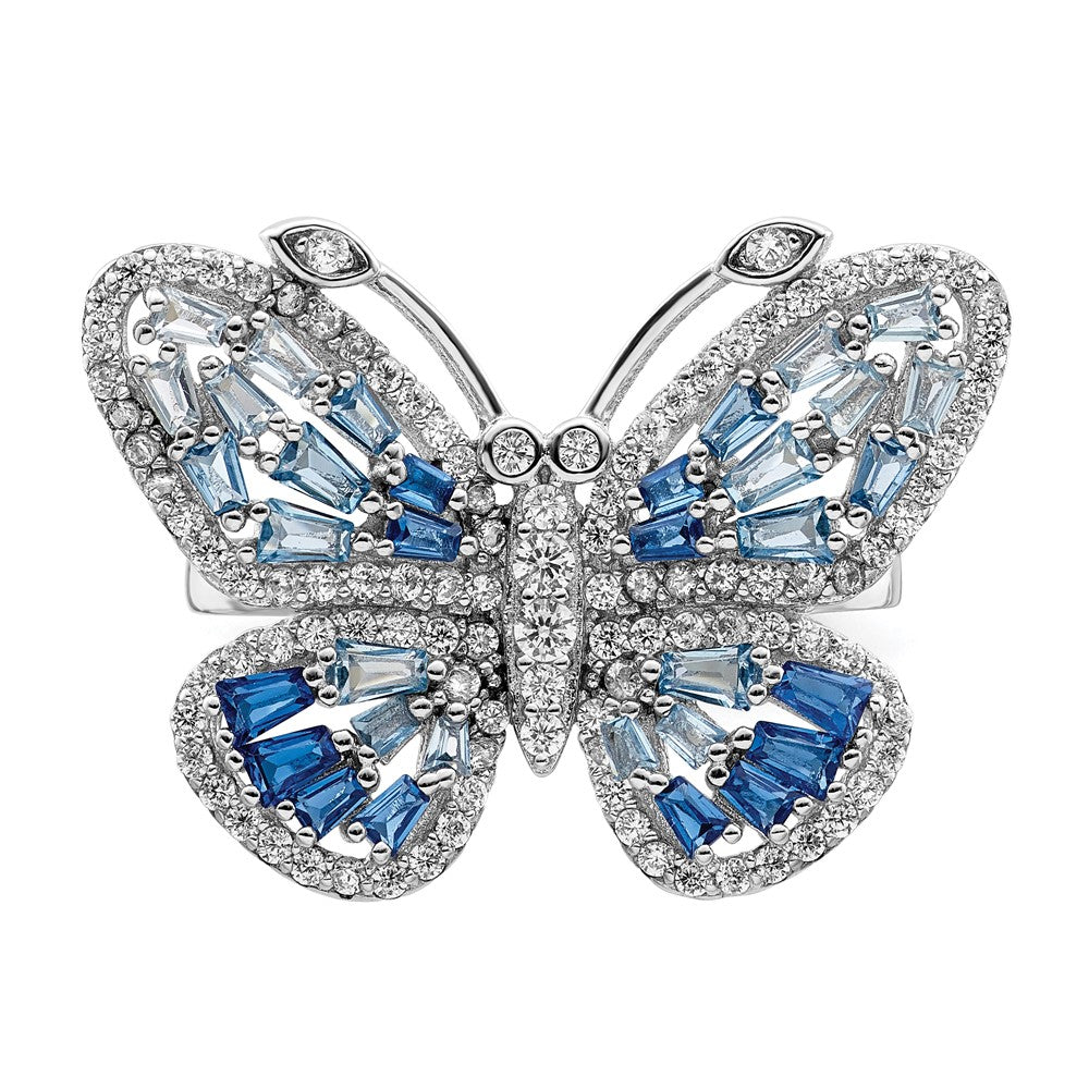 Sterlingsilber Rhodiniert Poliert Blau & Weiß Zirkonia Schmetterling Ring