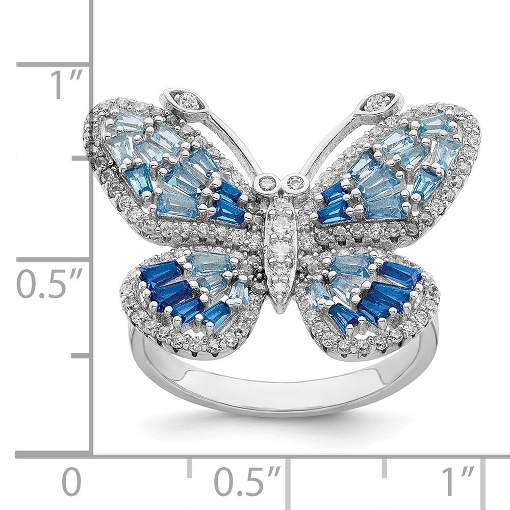 Sterlingsilber Rhodiniert Poliert Blau & Weiß Zirkonia Schmetterling Ring